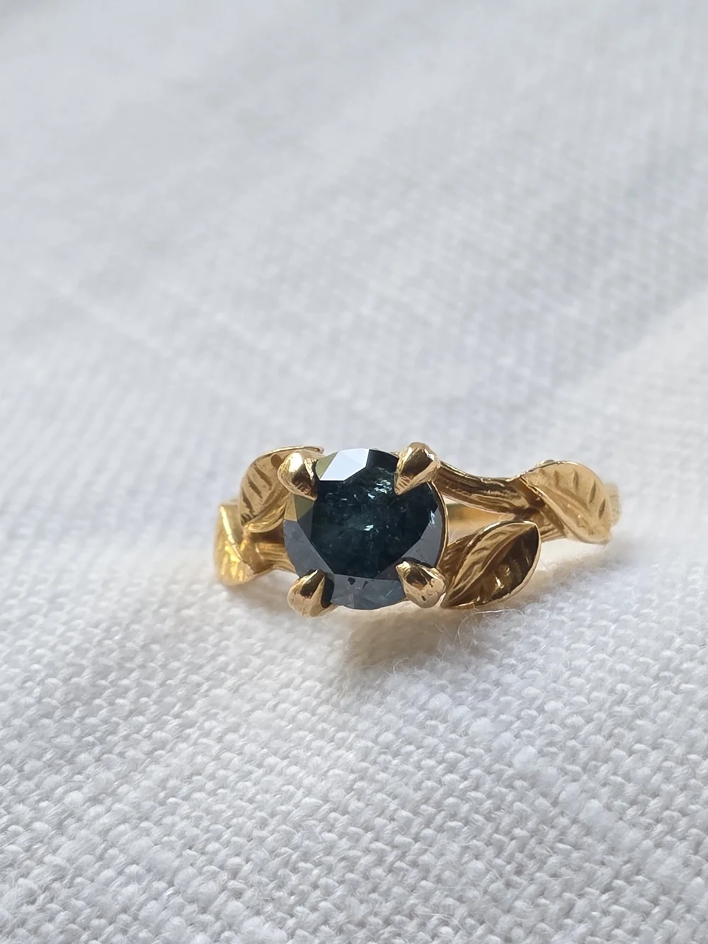 Gold Leaf Band Ring with Deep Teal Gemstone